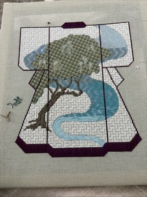 Almost Finished  needlepoint piece Japanese Kimono Tree Water 10  Wood Frame
