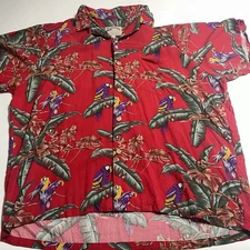 VTG Paradise Found Men's Hawaiian Shirt XL Red Magnum PI Parrot Bird