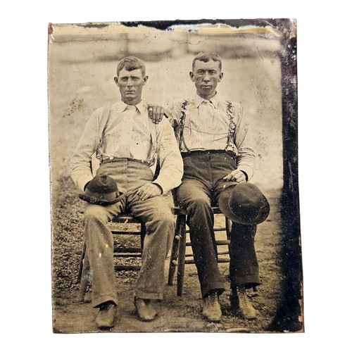 1/9th Plate Tintype 2 Men Hats Chairs Dressed Up