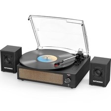 Record Player with Passive Bookshelf Speakers Belt-Drive Vintage Black Wooden