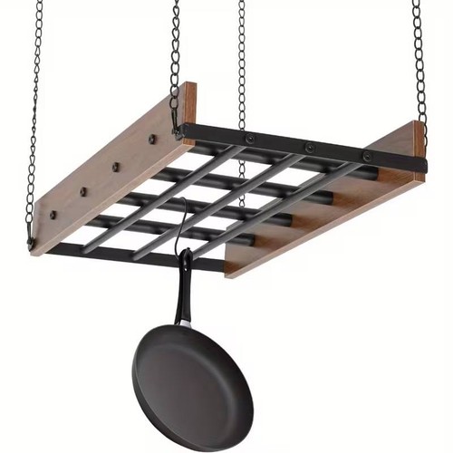 Rustic Wood & Steel Ceiling Pot Rack, 12‑Hook Hanging Kitchen Shelf