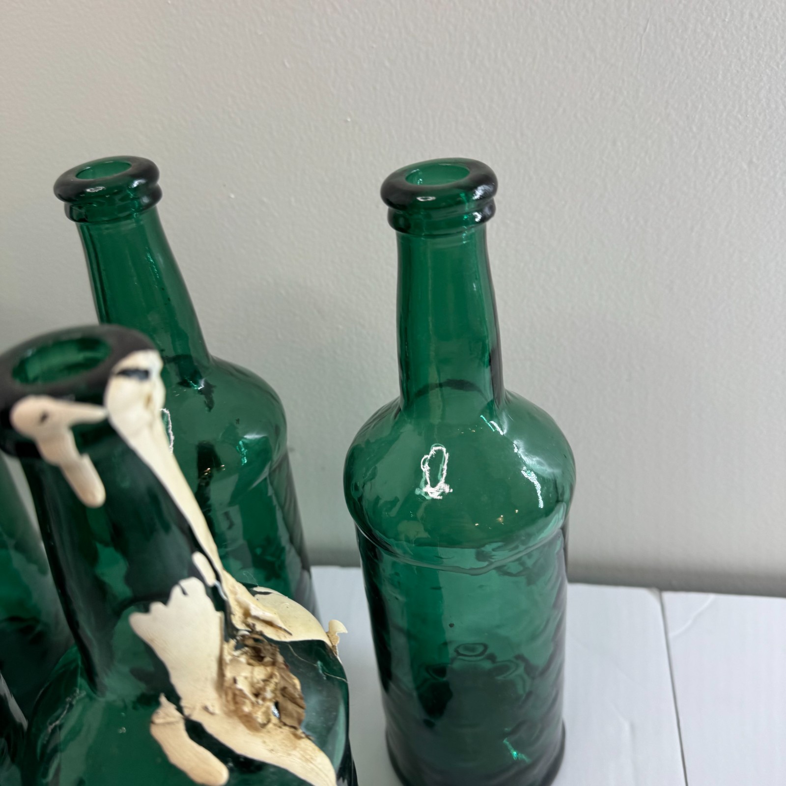 Set of 8 Green Hammered Glass Bottles 10.5” Rustic Decorative Vase Craft Lot