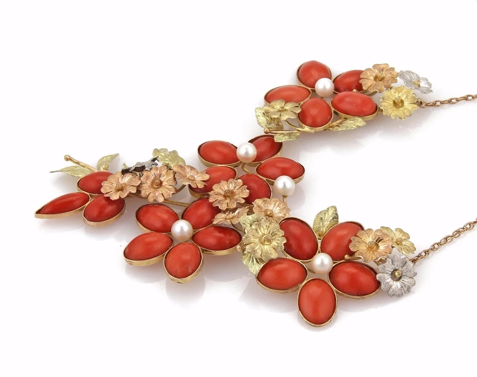 Collar floral grande Art Nuovo coral 18k Foto 3 de 4