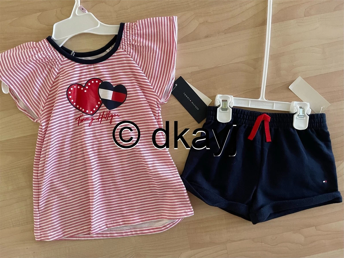 Tommy Hilfiger Blue Shorts w Logo Heart Striped Shirt 2 Piece Set 6 Girls 55