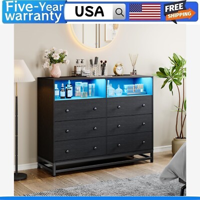 Wide Dresser for Bedroom with Charging Station 6 Drawer Dresser with LED Lights