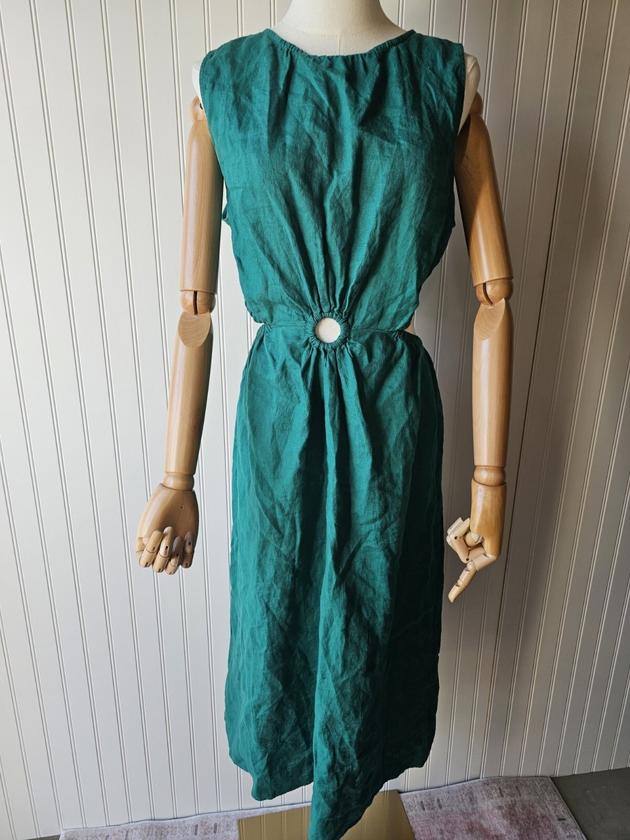 The Drop Green EMERALD 100% Linen Midi Sleeveless Dress Size L