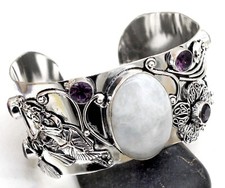 925 Sterling Silver Moonstone & Amethyst Gemstone Jewelry Cuff Bracelet S-ADJ"