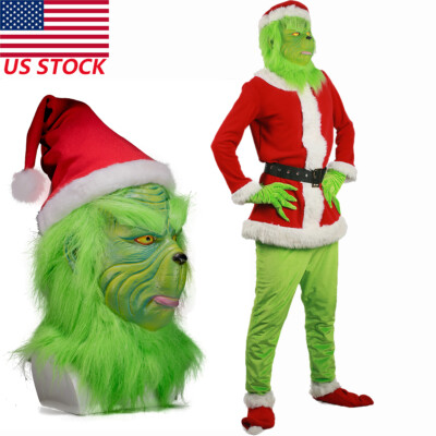 W// Red Hat Grinch Mask and Gloves Christmas Halloween Funny Cosplay Costume Prop