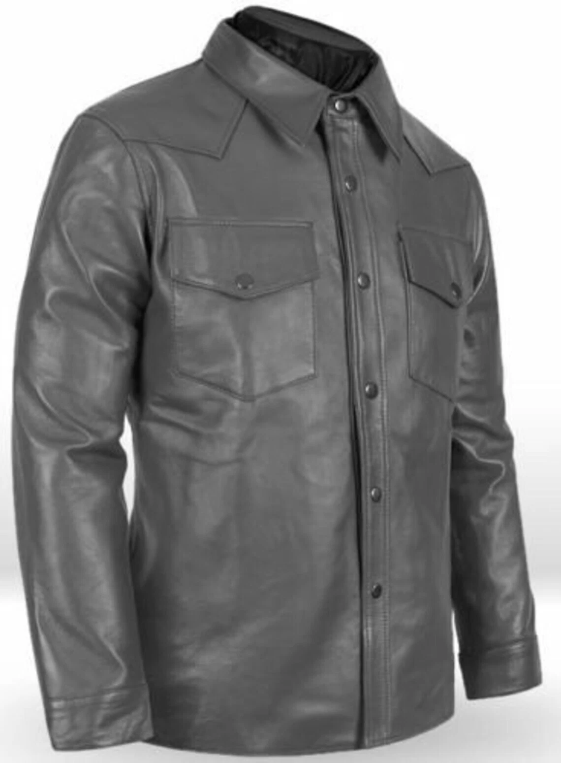 Gray Leather Shirt Jacket For Men Casual Designer Size S M L XL XXL Custom Made