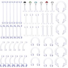 54Pc Acrylic Clear Nose Ring Lip Eyebrow Stud Belly Tongue Ring Piercing 14G-16G