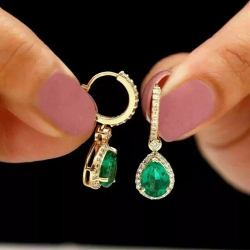 Pendientes colgantes de esmeralda natural corte pera verde enchapados en oro amarillo de 14 quilates - Imagen 3 de 6