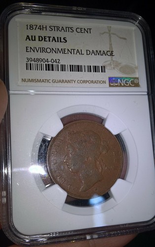 1874H Straits Settlements 1 Cent NGC AU Details - Picture 3 of 8