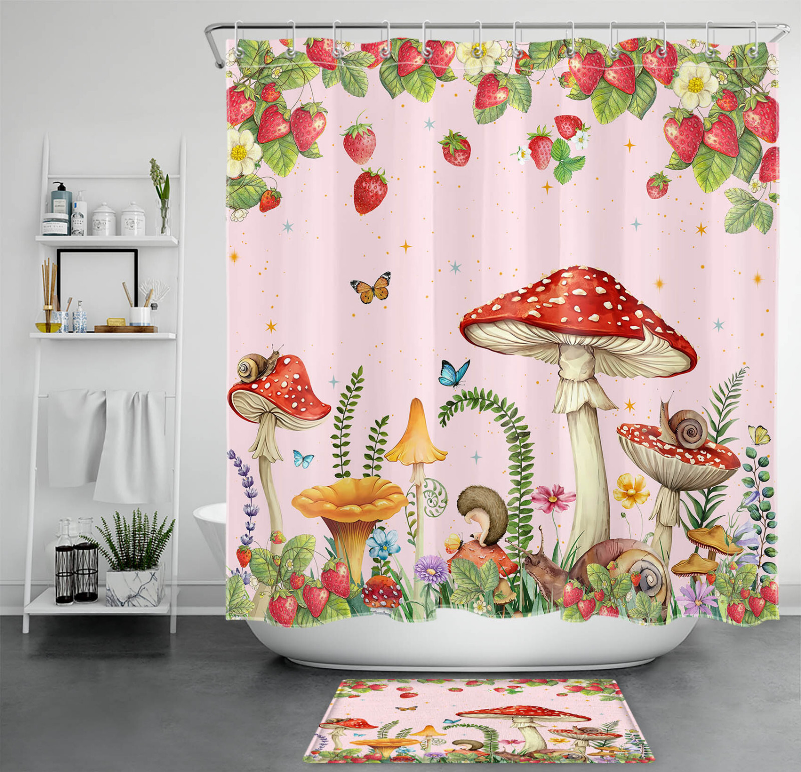 Fruit Strawberry Pink Floal Red Mushroom Shower Curtain Set for ...