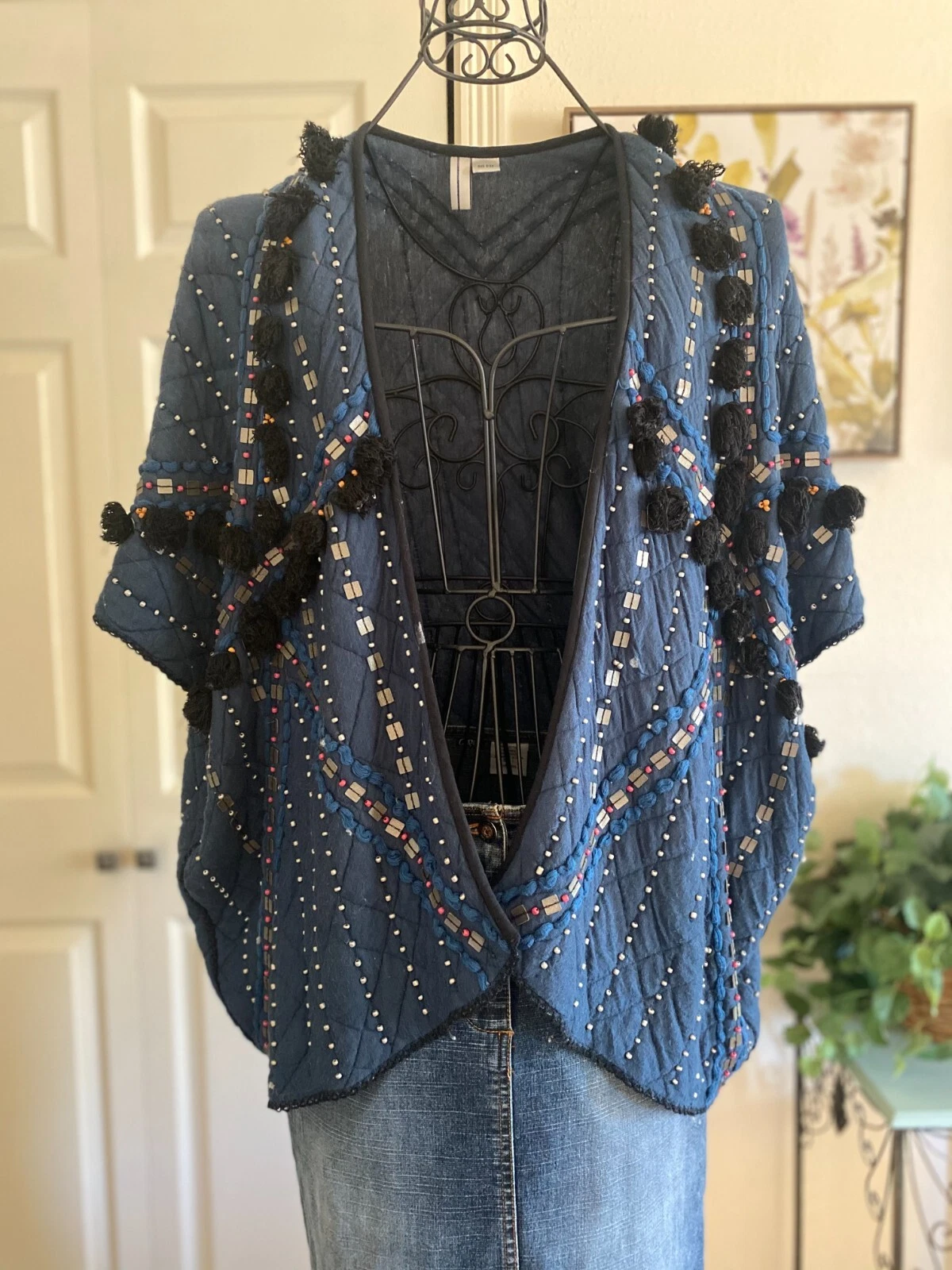 Blank London Blue Bead Tunic Vest Shawl Cloak Poncho Cape Womens