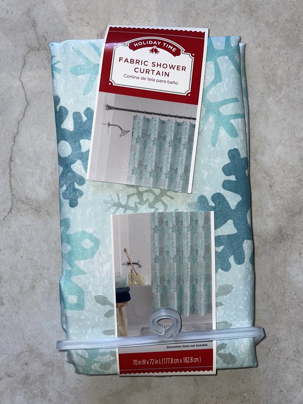 Holiday Time Fabric Shower Curtain ~ Snowflake Pattern Turquoise