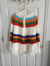 Vintage 70s Handmade Rainbow Poncho with Fringe Boho Hippie