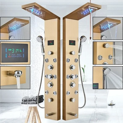 ROZIN Gold LED Shower Panel Column Tower Stainless Steel Rain Body Jets Set Mixer Tap