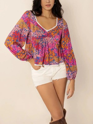 By Ken Lace Detail Printed Balloon Sleeve Top