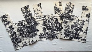 VTG Waverly Curtains Toile French Country Life Set of 5 Black Ivory 50x17 Cotton
