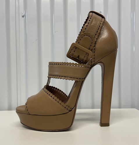 Alaïa decolte tacco plateau punta aperta cinturino occhiello pelle marrone taglia EU 40,5/US 9,5 - Foto 9 di 21
