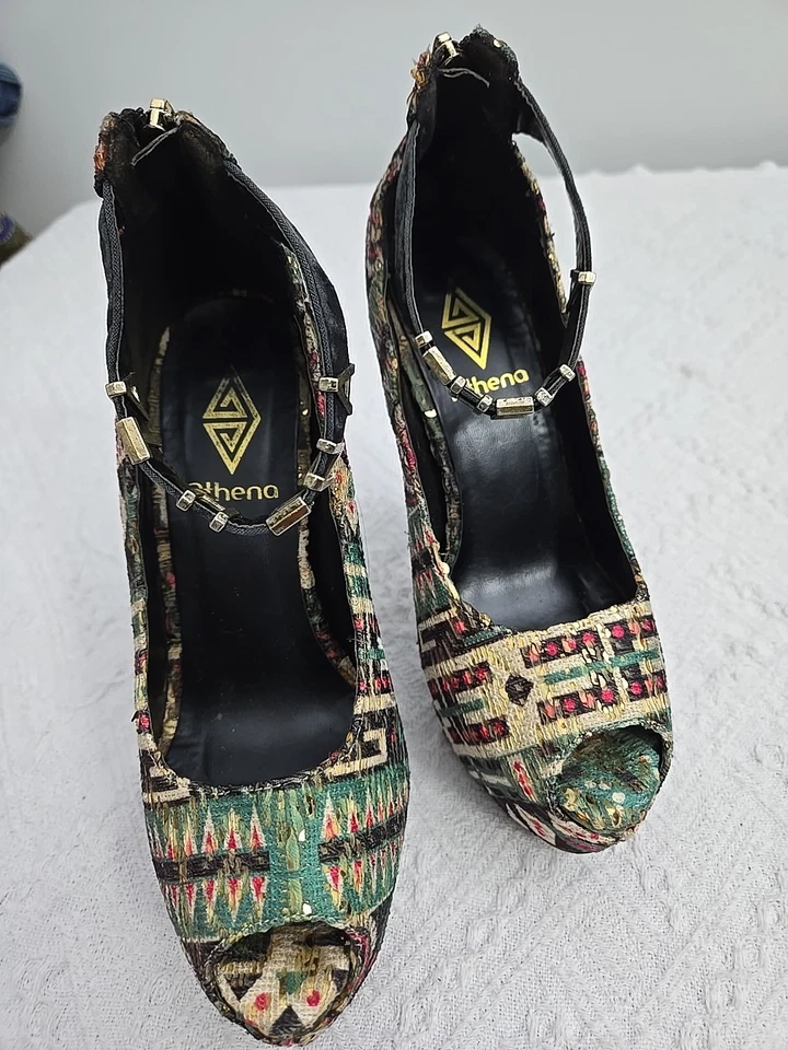 花卉挂毯厚底细高跟鞋 7 码雅典娜金属字母踝带  — 第 2/4 张图片