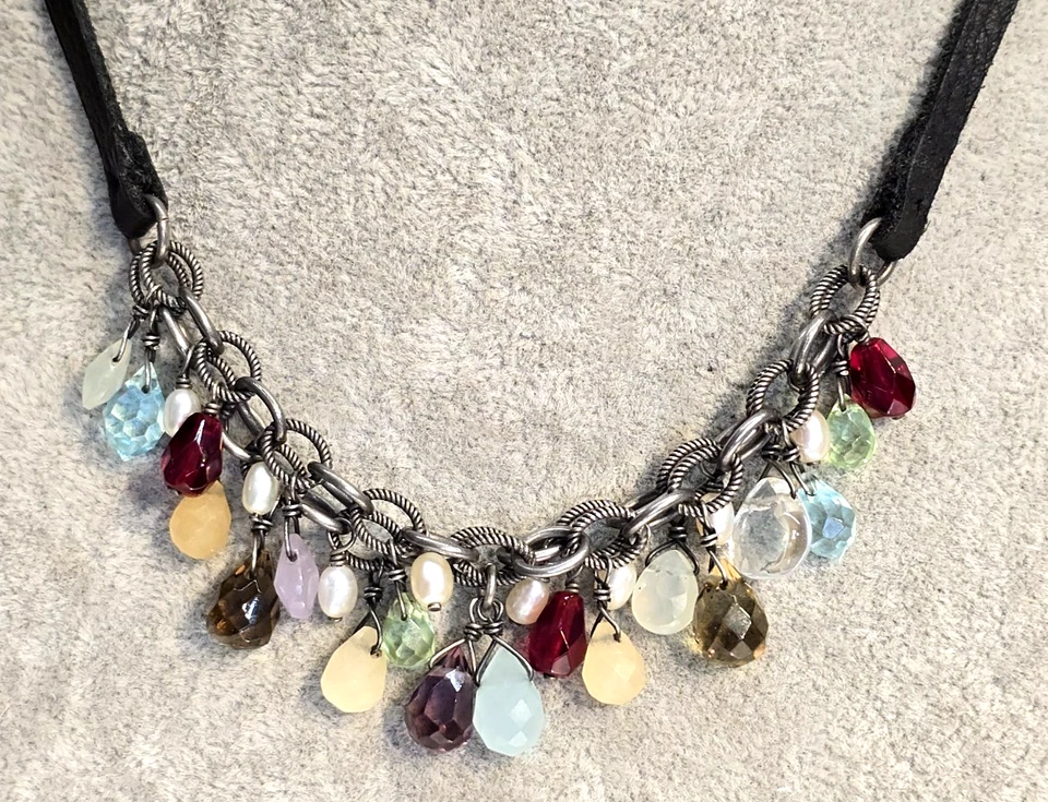 Silpada Sterling Silver Necklace Rainbow of Glass Crystal & Pearl Leather N1263 - Image 2 of 4