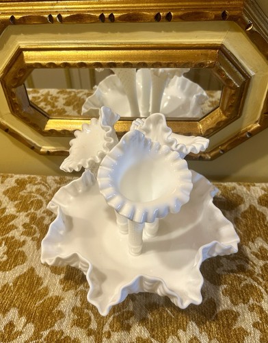 ANTIQUE 4 PIECE Milk Glass Ruffled Bowl X-LARGE Crimped Edge Centerpiece Vases