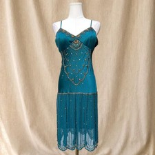 Rare Sue Wong runway teal beaded silk dress with embellishments scalloped hem