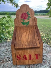 Old Oak Wood Salt Box Hinged Lid Spice Cottage Granny Red Rose Stencil