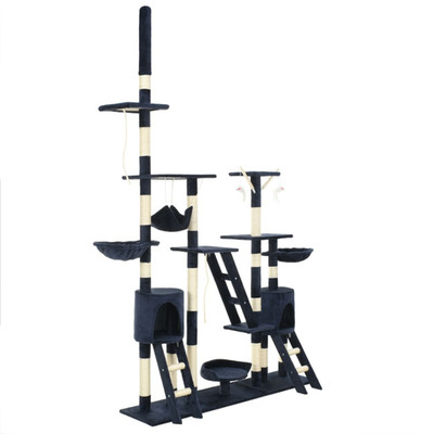 Kratzbaum 250 cm blau Plüsch & Sisal mehrstöckiger Turm mit 2 Häusern & Hängematte Ø7 cm