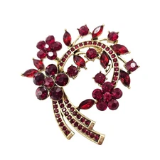 Vtg Red Rhinestone Brooch Floral Spray 50s Wreath Stmt Glam Hollywood Regency
