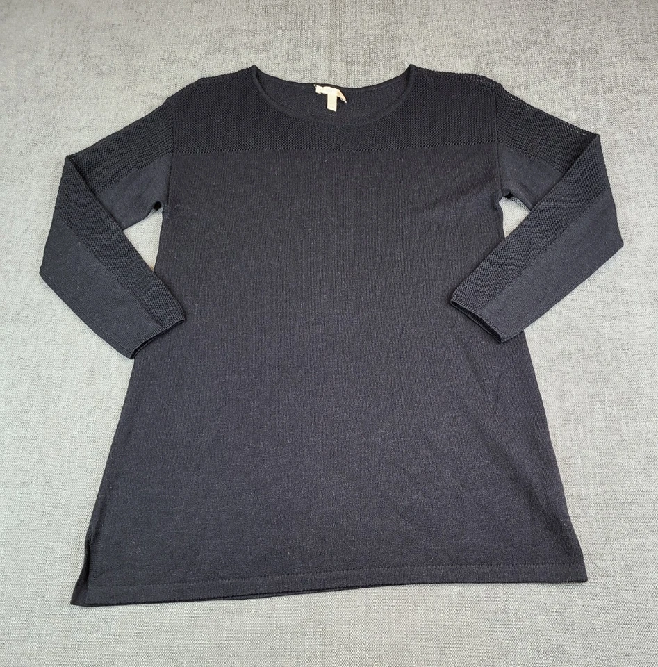 Eileen Fisher Top 女式 M 黑色羊毛长袖半开襟针织套衫衬衫 — 第 2/4 张图片