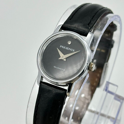 Vintage Ladies PHOENIX ELECTRONICS Diamond Accent Quartz Watch, Black Leather