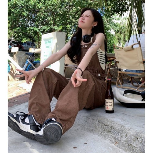Korean women's college style jumpsuit denim jeans overalls trousers wide leg pan - Picture 3 of 12