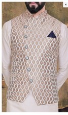 Art Brocade Silk Asymmetric Nehru Coat in Cream