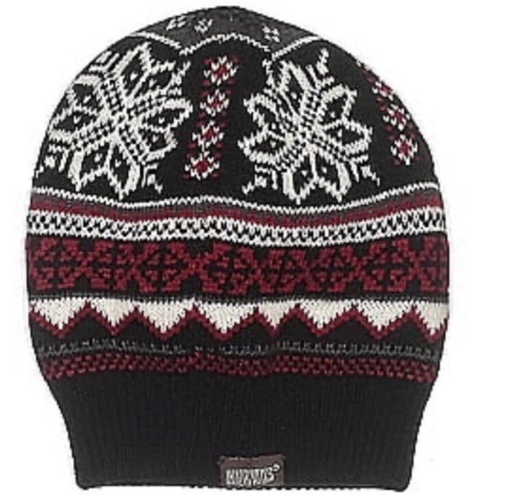 Muk Luks Black Nordic Snowflake Fair Isle Reversible Beanie Hat + Hand Warmers