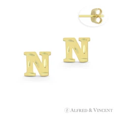 Initial Letter "N" Petite Baby Stud 14k Yellow Gold Stamping Push-Back Earrings