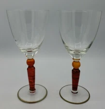 Art Glass Hand Blown Hand Painted Wine Water Goblets Glass Set of 2 