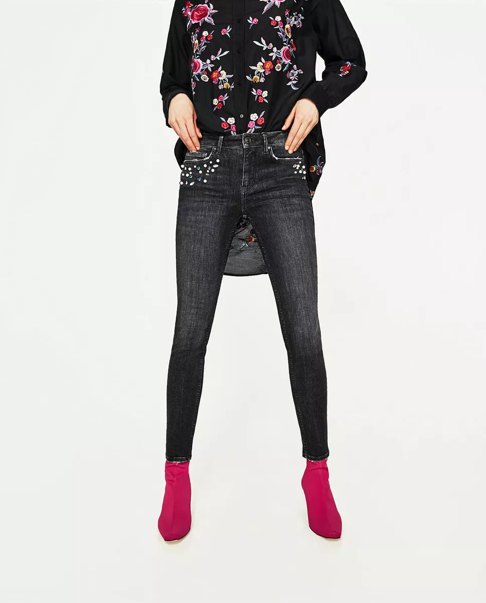 70 Zara MID RISE JEANS WITH PEARL BEADS skinny ref 4124 040 sz 2