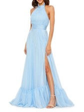 Mac Duggal 67816 High Neck Tiered Chiffon Halter Gown SZ 4 Sky Blue $358