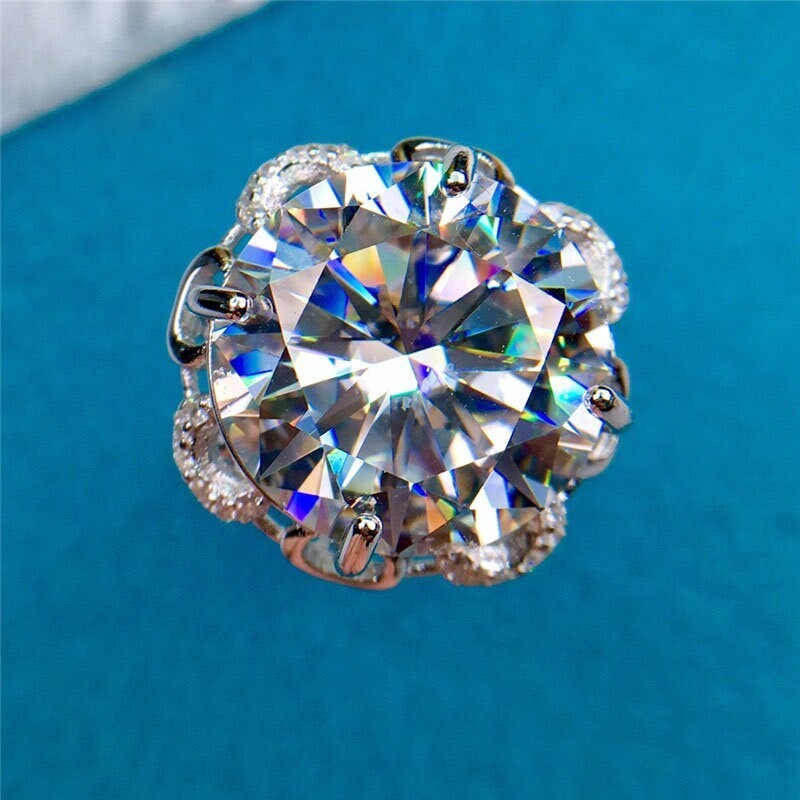 10 Carat Round Cut Moissanite 4 Prong Rose Halo VVS D Colorless 14K Gold Ring