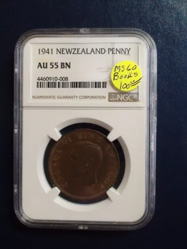1941 New Zealand Penny NGC AU55 BN 1P Coin PRICED TO SELL NOW!