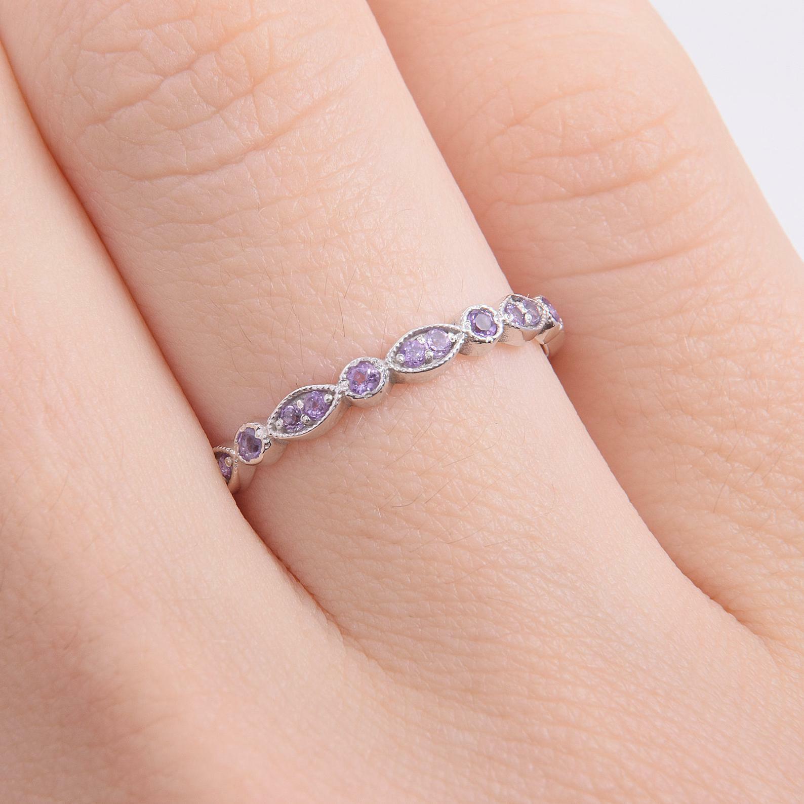 Natural Purple Amethyst Wedding Band Ring Milgrain Eternity 925 Sterling Silver