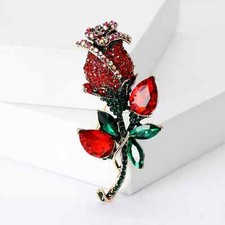 Valentine s Day Red Rhinestone Rose Flower Brooch Pin for Women Luxury Gift