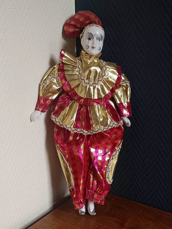 Poupée Clown Harlequin Vintage de Collection - Porcelaine et Soie Dorée/Rose - Photo 3/4