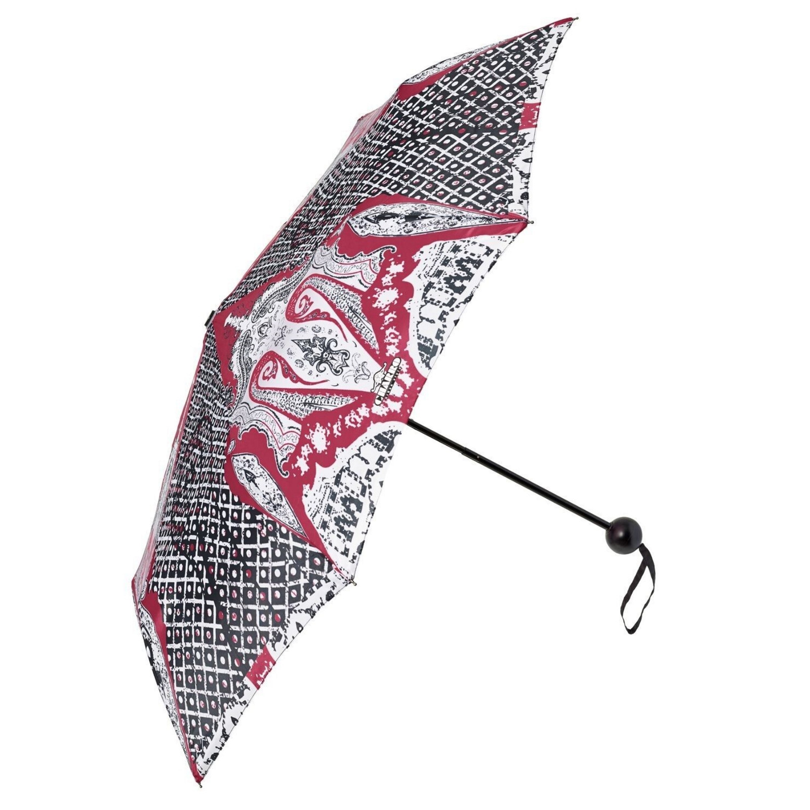 Compact Folding Umbrella Charro Black & Red Design Manual Gift Perletti