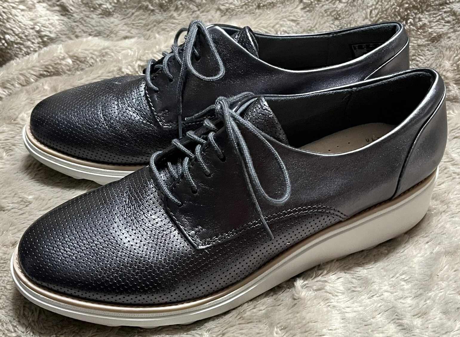 Scarpe Oxford Clarks Collection Sharon cristallo zeppa argento pelle donna taglia 8 5 M