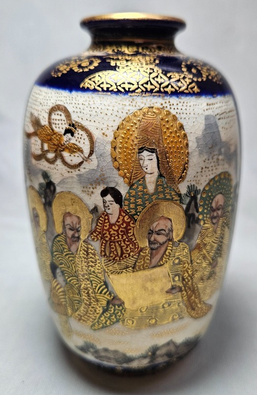 Antique Japanese Satsuma vase blue gold warriors immortals Meiji 19th signed