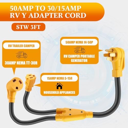 Kanayu RV Y Adapter Power Cord Compatible with NEMA 50 14-50P to TT-30R & 5-15R