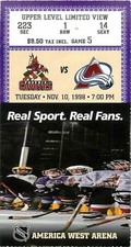 Ticket Hockey Phoenix Coyotes 1998 - 11/10 - Colorado Avalanche